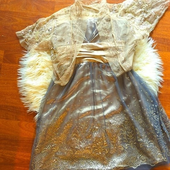 Masquerade Strapless Gold Formal Mini Dress with Lace Shrug/ size 1/2 - Picture 2 of 10